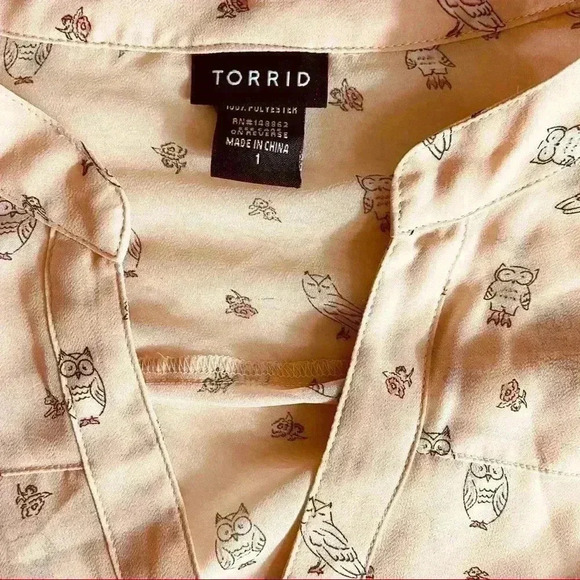 Torrid Mauve “Owl” Print V-Neck Cap Sleeve Chiffon Peplum Peasant Top Size 14/16 - Picture 12 of 12